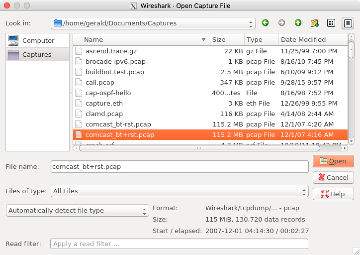 Wireshark Open Capture File